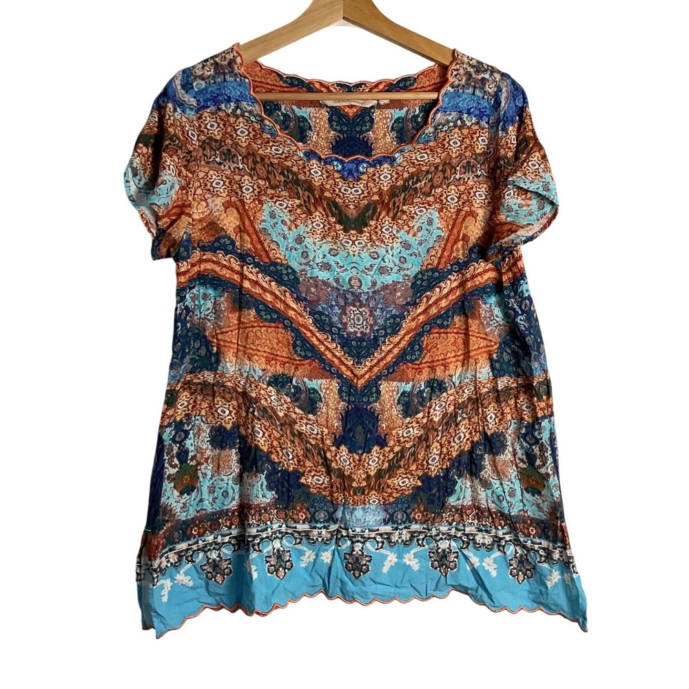 Soft Surroundings Womens XS Paisley Boho Scalloped Hem Top Blouse abstract artsy